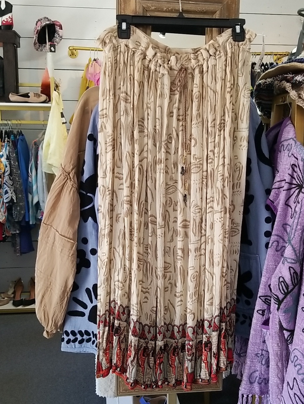 Beige Printed Maxi Skirt with Red Border